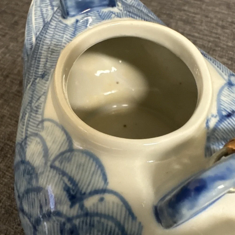 Vintage Chinese Blue & White Porcelain Duck Teapot Hand Painted Wicker Handle
